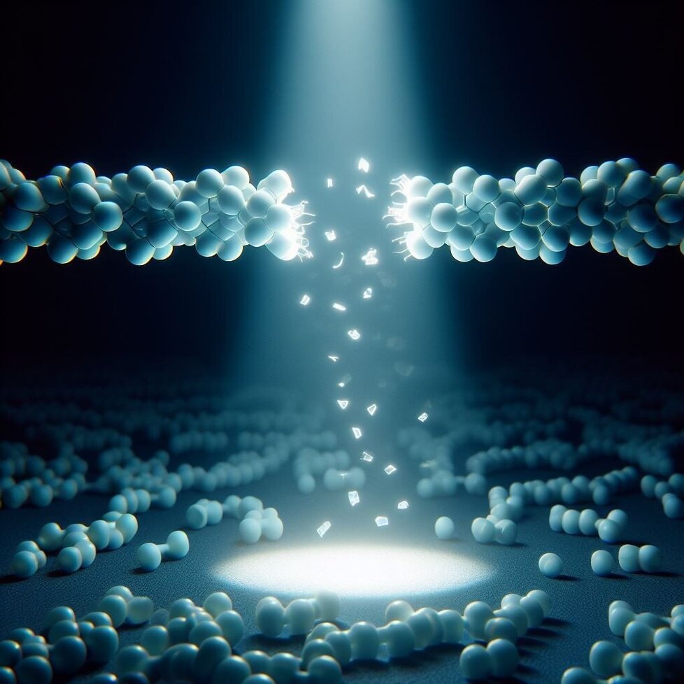 Lichteinwirkung spaltet stabile chemische Bindungen in der Polymerkette und ermöglicht die Rückgewinnung der ursprünglichen Bausteine. Illustration © Fabian Eisenreich