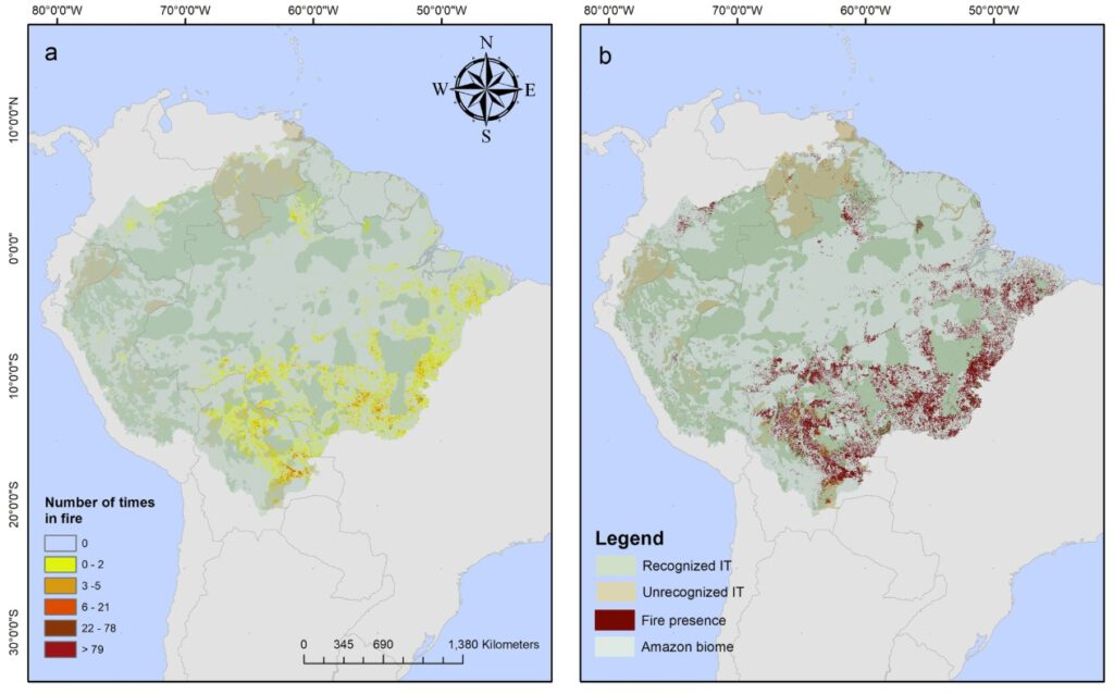 Karte zeigt: (a) wie oft Gebiete im Amazonas zwischen 2001 und 2019 brannten und (b) wo Feuer anerkannte sowie nicht anerkannte indigene Territorien trafen. © nature