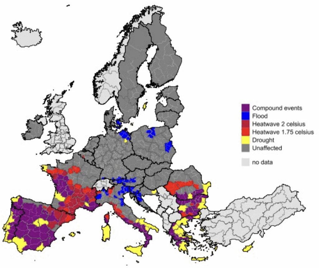 Extreme Wetterereignisse in NUTS3-Regionen (vergleichbar mit Landkreisen und kreisfreien Städten in Deutschland) im Sommer 2025. © Studie
