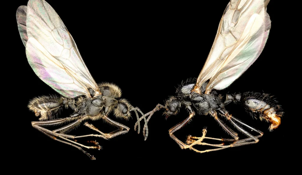 Königinnen der Iberischen Ernteameisen können Nachkommen der eigenen Art hervorbringen (links) und mithilfe eines Klon-Tricks auch Nachkommen einer anderen Art (rechts). © Jonathan Romiguier, Yannick Juvé, Laurent Soldati