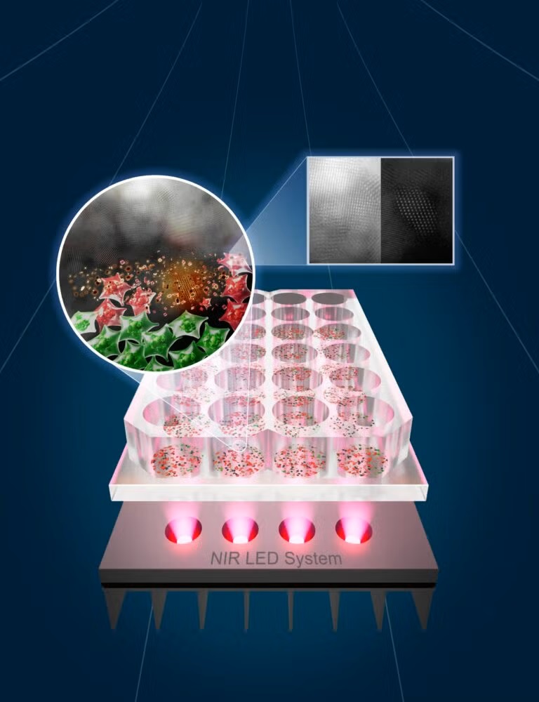 Das spezielle LED-System der Forscher aktiviert winzige Zinnflocken, die Krebszellen gezielt erhitzen und zerstören – grün steht für lebende, rot für abgetötete Zellen. © University of Texas