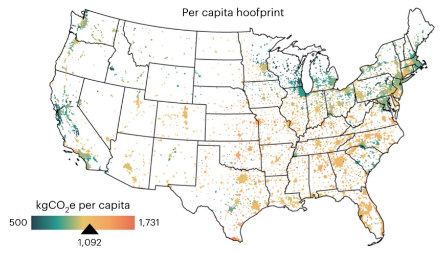Der sogenannte CO2-Hufabdruck pro Kopf unterscheidet sich in den Städten der USA deutlich – je nach Fleischkonsum. © B. P. Goldstein et al., Nature Climate Change 2025