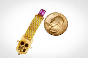 Ein dünnes, flexibles Gehirnimplantat liegt neben einer Münze zum Größenvergleich und sendet Lichtmuster aus, die Informationen direkt ins Gehirn übertragen.