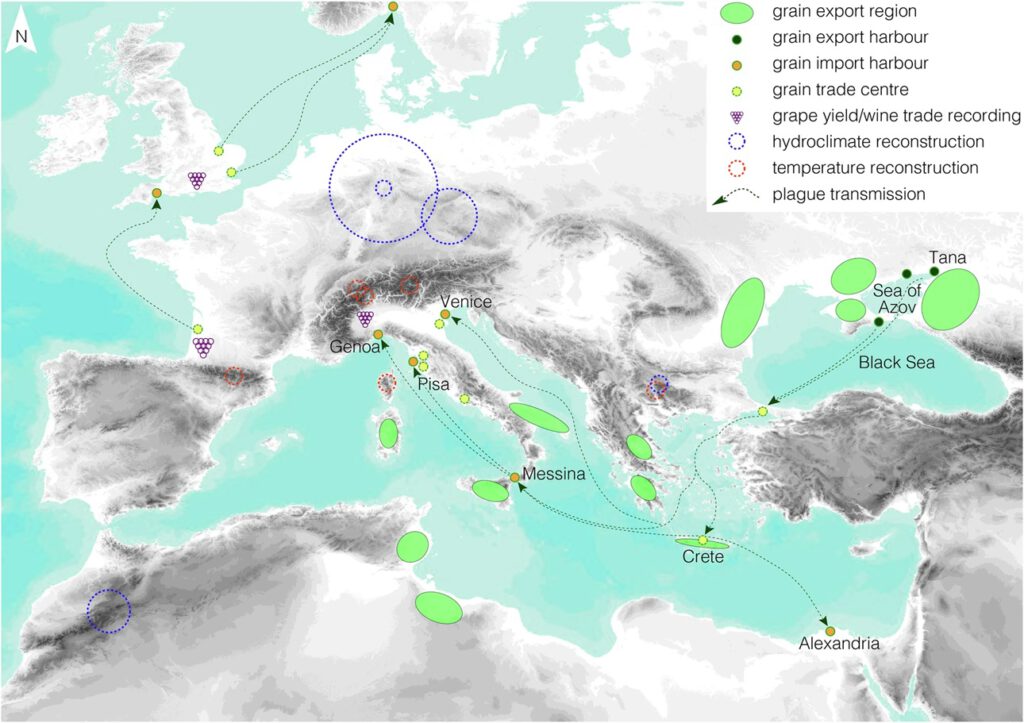 Handelsrouten im Jahr 1347: Über sie gelangte Getreide aus dem Schwarzmeerraum nach Italien – und mit den Schiffen vermutlich das Pestbakterium Yersinia pestis, das sich von den Häfen aus rasch über Europa verbreitete. © Studie