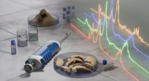 Auf einer Fläche sind Paranüsse in einer Petrischale, Messgeräte und Reagenzgläser zu sehen. Dahinter ist ein Liniendiagramm mit Linien in verschiedenen Farben projiziert.