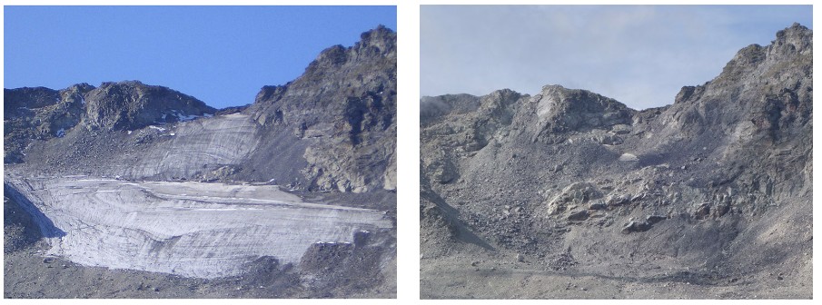 Kleine Alpengletscher verschwinden oft vollständig – wie der Pizol, von dem heute kein Eis mehr übrig ist. Die Aufnahme zeigt den Standort des ehemaligen Gletschers im Jahr 2006 und dieselbe Stelle 2025. © Matthias Huss / ETH Zürich, Professur für Glaziologie