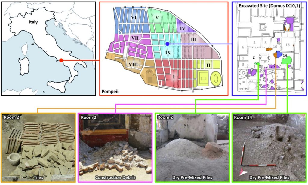 In den Räumen der Domus IX 10, 1 stapelten die Römer Lavasteine, Kalkbruch, Ziegel und Amphorenreste – bereit zur Wiederverwendung bei den Bauarbeiten kurz vor dem Ausbruch des Vesuvs. © Studie