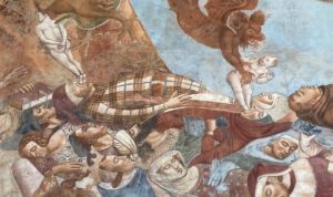 Das Fresko „Trionfo della Morte“ zeigt, wie eine Epidemie Menschen aller Stände trifft – vom Adligen bis zum Bettler – und Dämonen ihre Seelen forttragen.