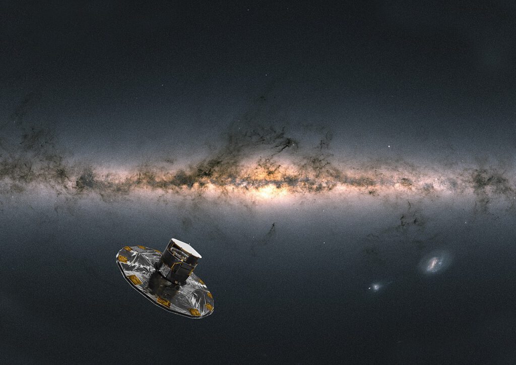 Künstlerische Darstellung des Weltraumteleskops Gaia, das die Milchstraße vermisst – im Hintergrund ein Himmelsbild aus Daten von mehr als 1,8 Milliarden Sternen. © Wikimedia