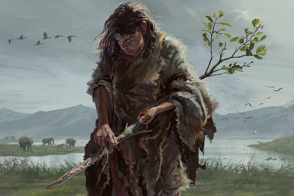 Die künstlerische Darstellung zeigt eine Frau im Paläolithikum, die in Marathousa 1 mit einem Steinwerkzeug einen Grabstock aus Erlenholz formt.