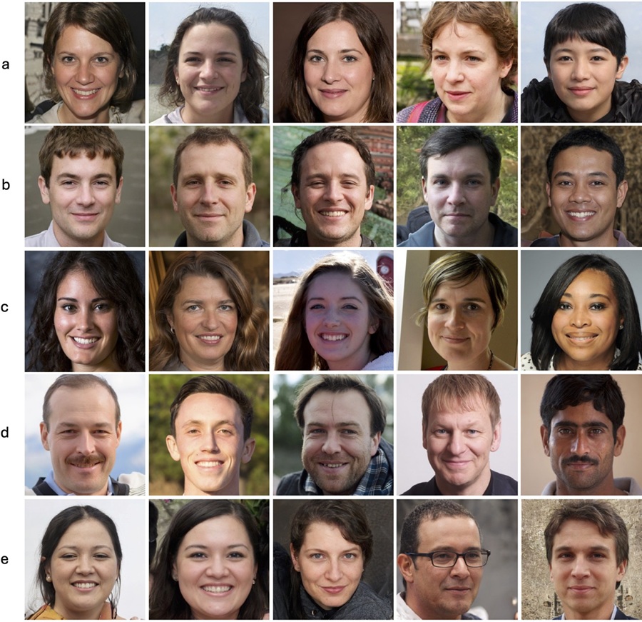 Beispielbilder aus der Studie: Zu sehen sind KI-erzeugte Gesichter von Frauen (a) und Männern (b) sowie echte Porträts von Frauen (c) und Männern (d). In der unteren Reihe (e) stehen KI-Gesichter aus dem Training. Dort wurden gezielt typische Fehler markiert – etwa unnatürlich wirkendes Haar oder eine falsche Anzahl von Schneidezähnen. © Studie