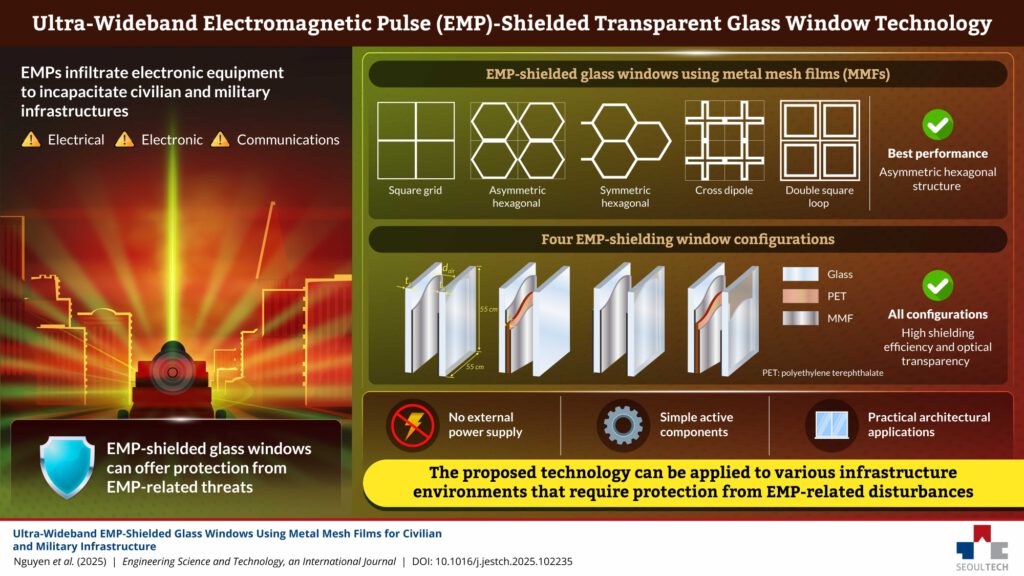 Gezielte EMP-Störimpulse können zivile Infrastruktur lahmlegen. Ein neues, transparentes Spezialglas mit feinem Metallgitter schirmt sie ab – robust gegen Feuchtigkeit, Abrieb und Korrosion. © Soultech