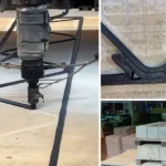 Links entsteht im Großformat-3D-Druck Schicht für Schicht ein tragender Deckenträger aus recycelten Plastikabfällen. Rechts zeigen Detailaufnahme und Belastungstest die Stabilität der gedruckten Konstruktion im Bodensystem.