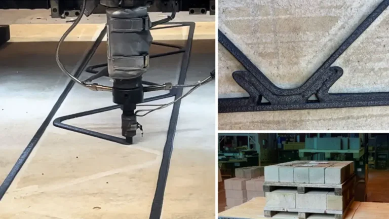 Links entsteht im Großformat-3D-Druck Schicht für Schicht ein tragender Deckenträger aus recycelten Plastikabfällen. Rechts zeigen Detailaufnahme und Belastungstest die Stabilität der gedruckten Konstruktion im Bodensystem.