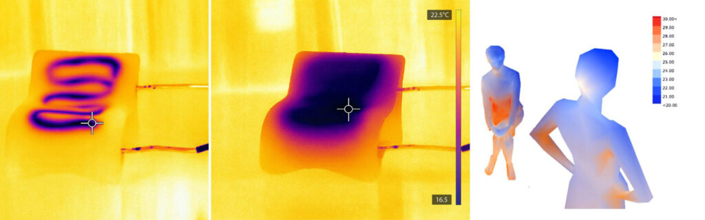 Wärmebilder zeigen, wie der Prototyp eines Kühlstuhls die Temperatur direkt an den Kontaktflächen verändert und so das Hitzeempfinden am Körper gezielt senkt. © Ji Yoon Bae (links), © Dorit Aviv (rechts)