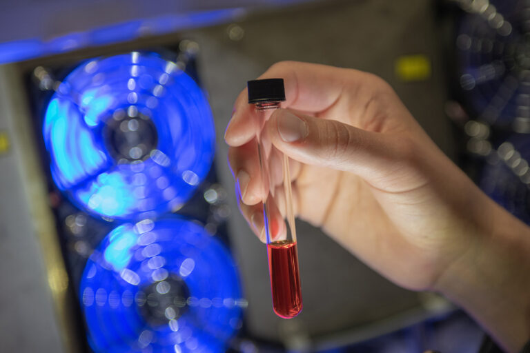 Eine Hand hält ein Reagenzglas mit einer rötlichen Flüssigkeit.