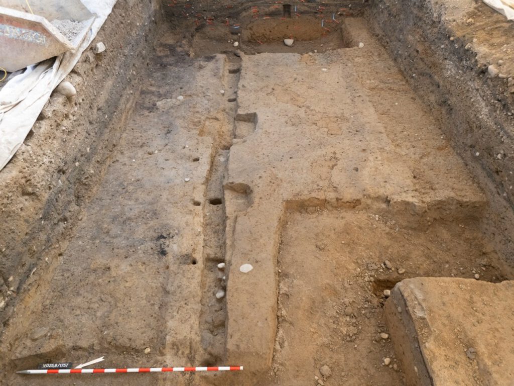 Überreste der frühen Lagerbefestigung: Die Holz-Erde-Mauer mit den regelmäßigen Pfostenabdrücken markiert das erste Truppenlager. © Kanton Aargau