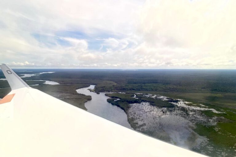 Blick aus dem Forschungsflugzeug HALO über dem Amazonas: Forschende fanden dort deutlich mehr Methan als erwartet – manche Regionen emittieren viermal mehr als Modelle vorhersagen. Die Daten sind entscheidend für genauere Klimaprognosen. © Linda Ort / Max-Planck-Institut für Chemie