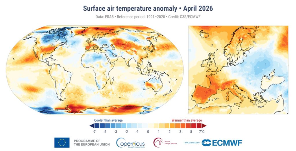 Die Karte zeigt die ungewöhnlichen Temperatur-Gegensätze in Europa im April 2026 – mit Hitze im Südwesten und kühler Luft im Osten. © C3S/ECMWF