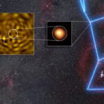 Winzig neben dem gewaltigen Roten Überriesen: Die VLT-Aufnahmen zeigen den mutmaßlichen Begleiter Beteigeuze B so deutlich wie nie zuvor. © ESO/M. Montargès et al.; Hintergrund: N. Rissinger/skysurvey.org