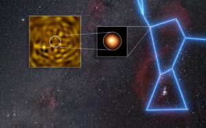 Winzig neben dem gewaltigen Roten Überriesen: Die VLT-Aufnahmen zeigen den mutmaßlichen Begleiter Beteigeuze B so deutlich wie nie zuvor. © ESO/M. Montargès et al.; Hintergrund: N. Rissinger/skysurvey.org