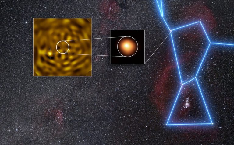 Winzig neben dem gewaltigen Roten Überriesen: Die VLT-Aufnahmen zeigen den mutmaßlichen Begleiter Beteigeuze B so deutlich wie nie zuvor. © ESO/M. Montargès et al.; Hintergrund: N. Rissinger/skysurvey.org