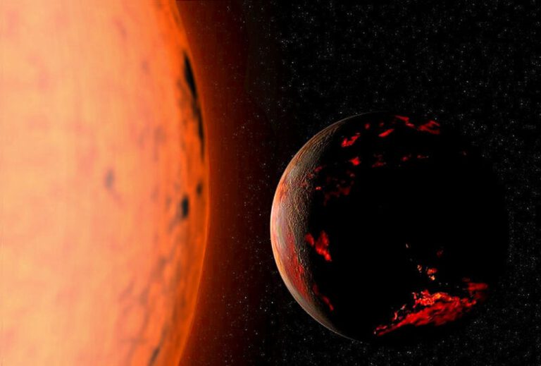 So könnte die Erde in fünf bis sieben Milliarden Jahren aussehen: Die Sonne ist dann zum Roten Riesen angeschwollen und macht unseren Planeten zur verbrannten Felswelt.