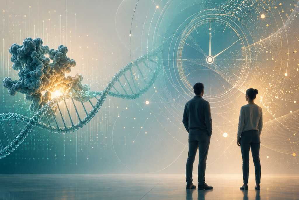 Epigenetische Uhren bestimmen das biologische Alter anhand von DNA-Methylierungsmustern. Die neue TFMethyl Clock verbindet präzise Alternsvorhersagen mit einer deutlich besseren biologischen Interpretierbarkeit und neuen Einblicken in Alternsprozesse. © FLI / Tushar Patel, KI-generiert mit ChatGPT)