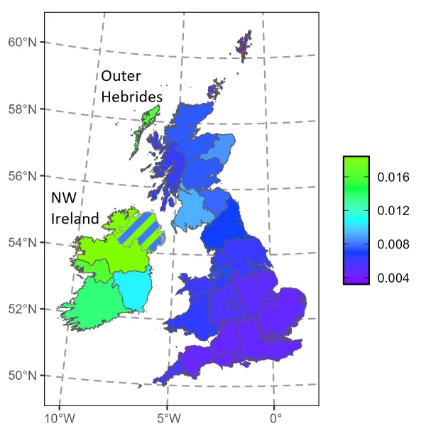 Karte zeigt das Hämochromatose-Risiko in Großbritannien und Irland. Grün markiert Regionen mit besonders häufiger C282Y-Genvariante; Schraffuren zeigen zwei Gruppen in Nordirland mit unterschiedlichem Risiko. © University of Edinburgh