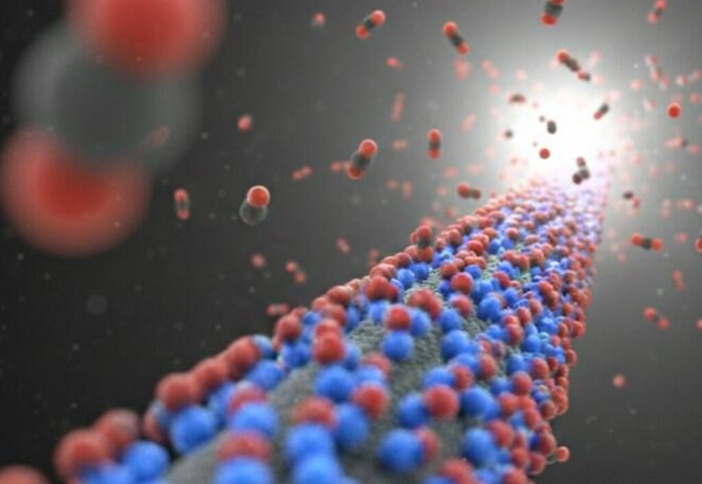 Aktivkohlefaser mit benachbarten Aminogruppen: Diese gezielte Anordnung verbessert die Bindung und Freisetzung von CO₂, sodass das Gas schon bei niedrigeren Temperaturen wieder abgegeben werden kann. Illustration: Prof. Yasuhiro Yamada, Chiba University, Japan, erstellt mit Gemini Pro.