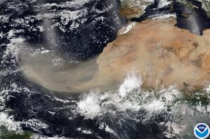 Eine gewaltige Staubwolke aus der Sahara zieht über den Atlantik Richtung Südamerika. Der feine Wüstenstaub bringt Phosphor in den Amazonas – einen wichtigen Nährstoff für den Regenwald.