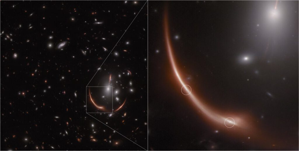 James Webb zeigt die ferne Galaxie MRG-M0138 im Infrarotlicht. In ihr erschien eine Supernova gleich mehrfach – ein Effekt der Gravitationslinse, die auch den Blick auf das verborgene Schwarze Loch erleichtert. © NASA