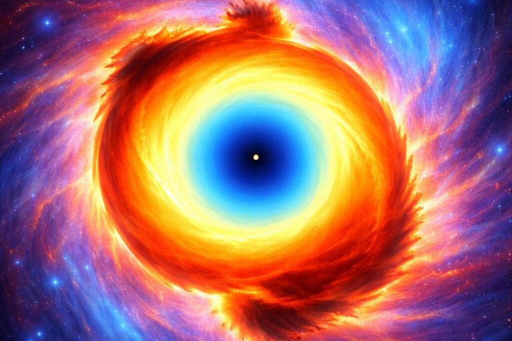 Anschauliche Darstellung von ENDTRANZ, der Übergangszone zwischen Gashülle und protoplanetarer Scheibe. Der rot gefärbte Ring zeigt, wie Gas von der einfallenden Hülle in geordnete Rotation übergeht. © Indrani Das/ASIAA