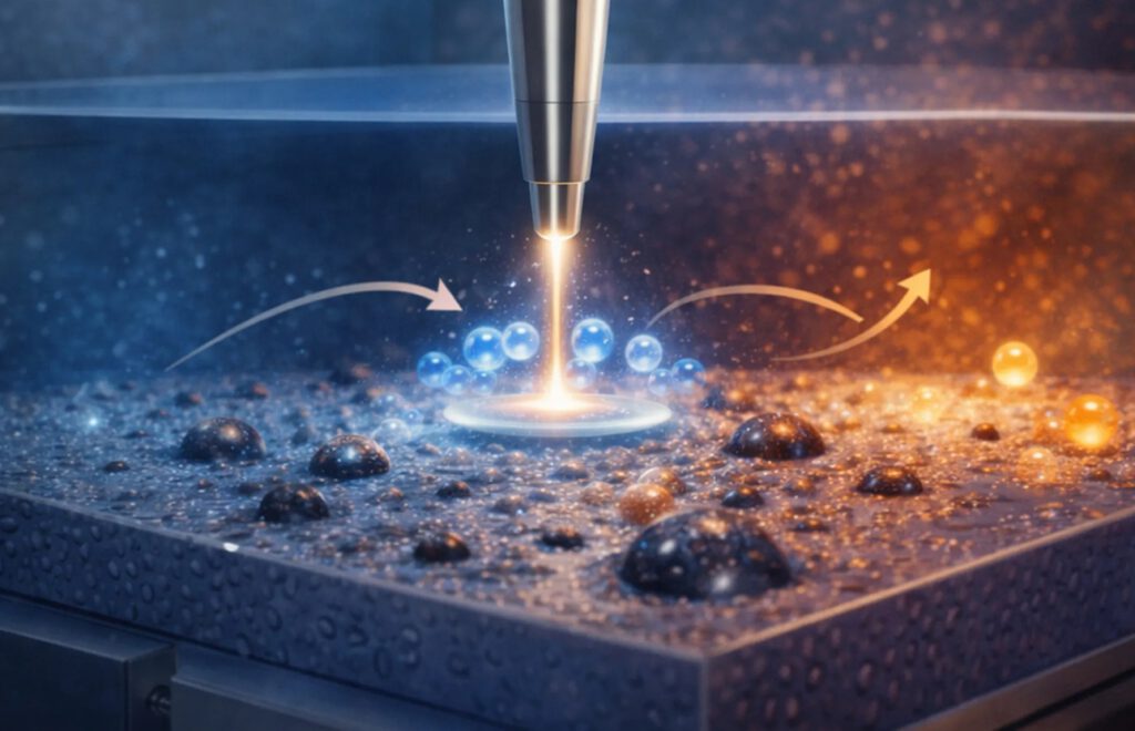 Unter Licht wird auf der Materialoberfläche in Echtzeit sichtbar, wie Wasser in Wasserstoff und Sauerstoff zerfällt.