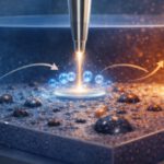 Unter Licht wird auf der Materialoberfläche in Echtzeit sichtbar, wie Wasser in Wasserstoff und Sauerstoff zerfällt.