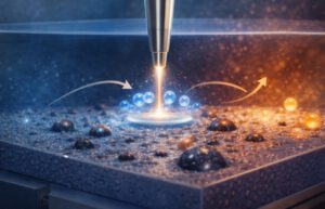 Unter Licht wird auf der Materialoberfläche in Echtzeit sichtbar, wie Wasser in Wasserstoff und Sauerstoff zerfällt.