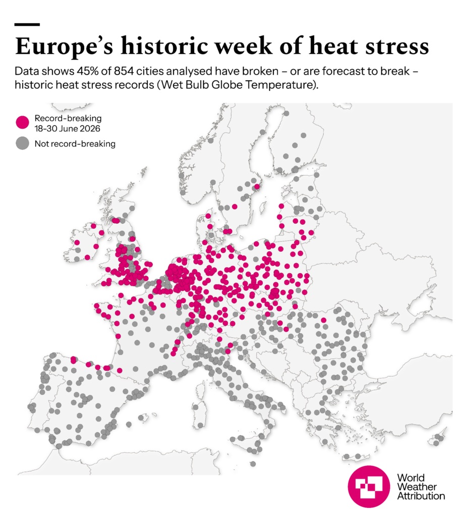 Rote Punkte zeigen Städte mit neuen Rekorden beim Hitzestress, graue Punkte Städte ohne neuen Rekord. Die WWA-Analyse erfasste urbane Regionen ab 50.000 Einwohnern in der EU, der Schweiz, Großbritannien und Norwegen; rund 45 Prozent waren betroffen. © WWA
