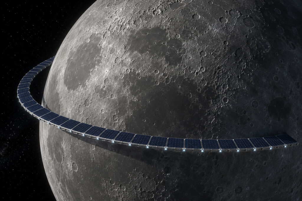 Ein riesiger Ring aus Solarpaneelen um den Mond soll Sonnenenergie sammeln und als Solarstrom vom Mond zur Erde senden. (Visualisierung, KI-generiert) © Smart Up News