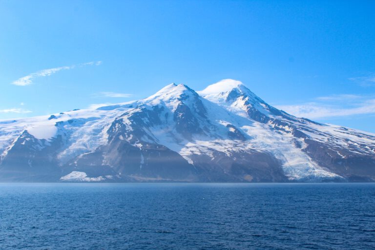 Die beiden Gletscher nahe des Beerenberg-Vulkans nach der Gerölllawine: Ausgelöst durch ein Erdbeben der Stärke 6,5 stürzten große Mengen an vulkanischem Gestein und Permafrost hinab und bedecken nun das Eis des Kjerulf-Gletschers (links im Bild). © Grace Angelo