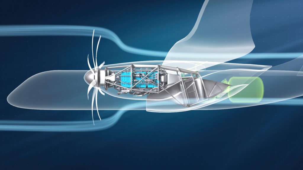 Die MTU Flying Fuel Cell wandelt Wasserstoff und Sauerstoff in Strom um, der über einen Elektromotor den Propeller antreibt. © MTU Aero Engines