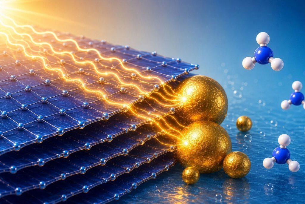 Sonnenlicht setzt im MXene Energie frei und lenkt sie zu den Goldpartikeln. Dort wird Nitrat aus dem Wasser Schritt für Schritt in Ammoniak umgewandelt.