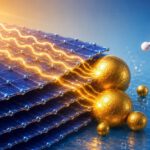 Sonnenlicht setzt im MXene Energie frei und lenkt sie zu den Goldpartikeln. Dort wird Nitrat aus dem Wasser Schritt für Schritt in Ammoniak umgewandelt.