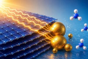 Sonnenlicht setzt im MXene Energie frei und lenkt sie zu den Goldpartikeln. Dort wird Nitrat aus dem Wasser Schritt für Schritt in Ammoniak umgewandelt.