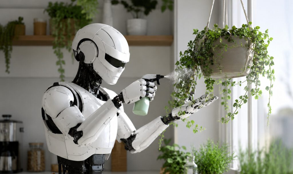 Illustration eines Roboters bei der Pflanzenpflege: Nachhaltige Maschinen sollen Ressourcen sparen, Ökosysteme schonen und langfristig verträglich bleiben.