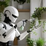 Illustration eines Roboters bei der Pflanzenpflege: Nachhaltige Maschinen sollen Ressourcen sparen, Ökosysteme schonen und langfristig verträglich bleiben.