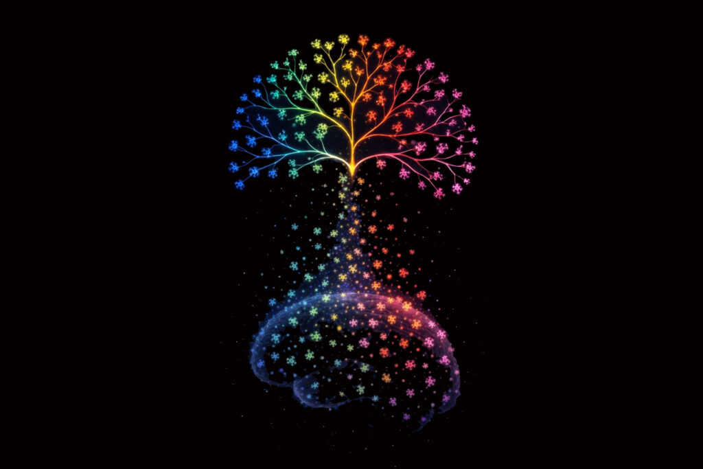 Die künstlerische Darstellung veranschaulicht die in der Studie beschriebene geordnete Vielfalt mikroglialer Reaktionsprogramme bei verschiedenen Hirnerkrankungen.