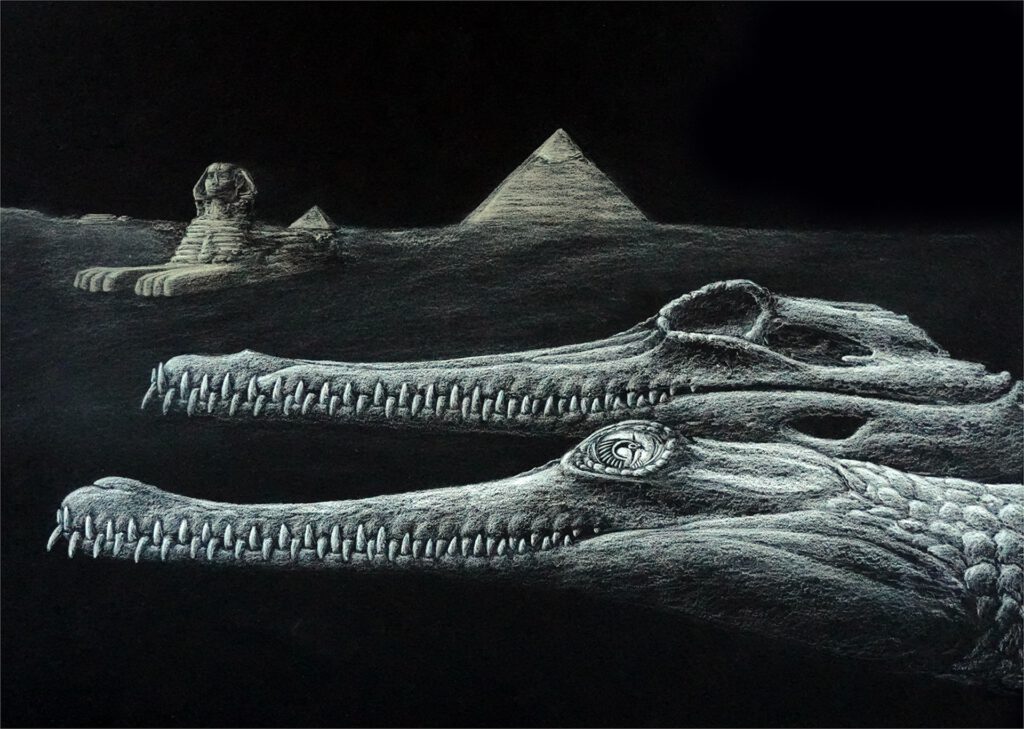 So könnte Herugavialis cairensis vor rund 45 Millionen Jahren ausgesehen haben. Im Hintergrund sind die Große Sphinx und die Pyramiden von Gizeh dargestellt. © Artwork: Karim Zanaty