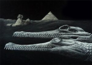 So könnte Herugavialis cairensis vor rund 45 Millionen Jahren ausgesehen haben. Im Hintergrund sind die Große Sphinx und die Pyramiden von Gizeh dargestellt. © Artwork: Karim Zanaty