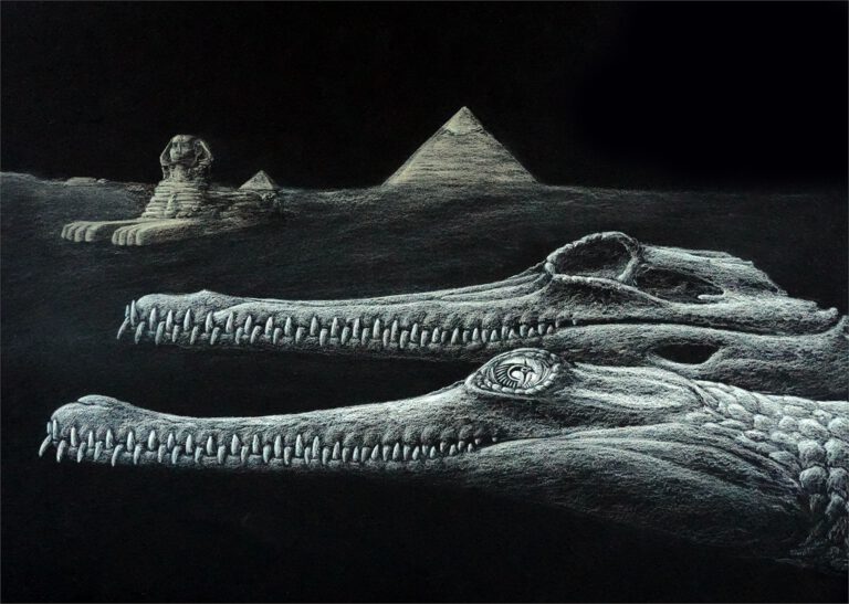 So könnte Herugavialis cairensis vor rund 45 Millionen Jahren ausgesehen haben. Im Hintergrund sind die Große Sphinx und die Pyramiden von Gizeh dargestellt. © Artwork: Karim Zanaty