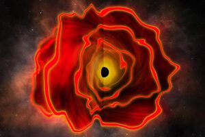 Astronomen haben im frühen Universum einen extrem hellen roten Punkt entdeckt, der wie ein riesiger Stern wirkt. Seine enorme Energie spricht jedoch dafür, dass sich in seinem Inneren ein Schwarzes Loch verbirgt. © Jose-Luis Olivares, MIT